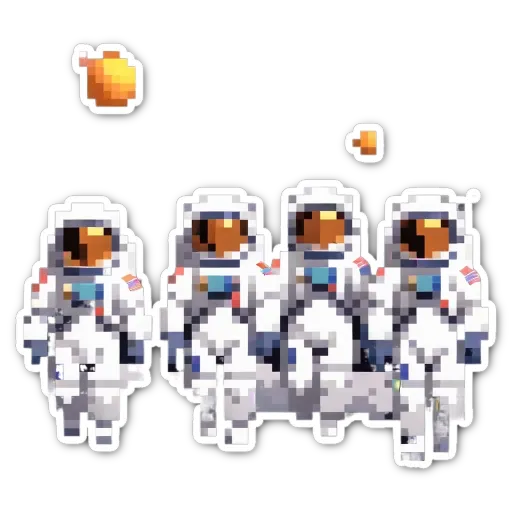 Four space men in uniform are walking across a black and white background.