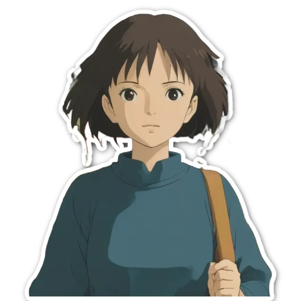 An anime character holding a bag stands against a black background.