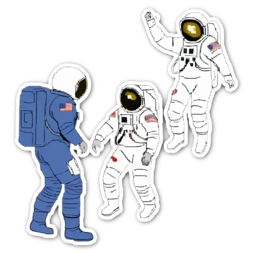 A blue and white space suit with an american flag on it with three other men in them.