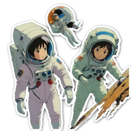 A black and white picture of three space suits with two people in them.