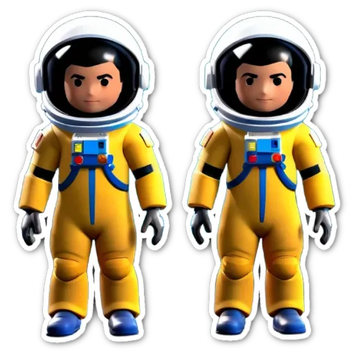 A sticker of two men in space wearing yellow and blue.