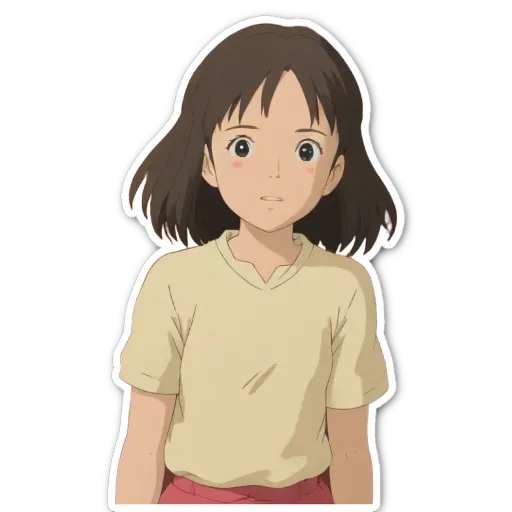 A girl with a sticker on her shirt that is of an anime character.