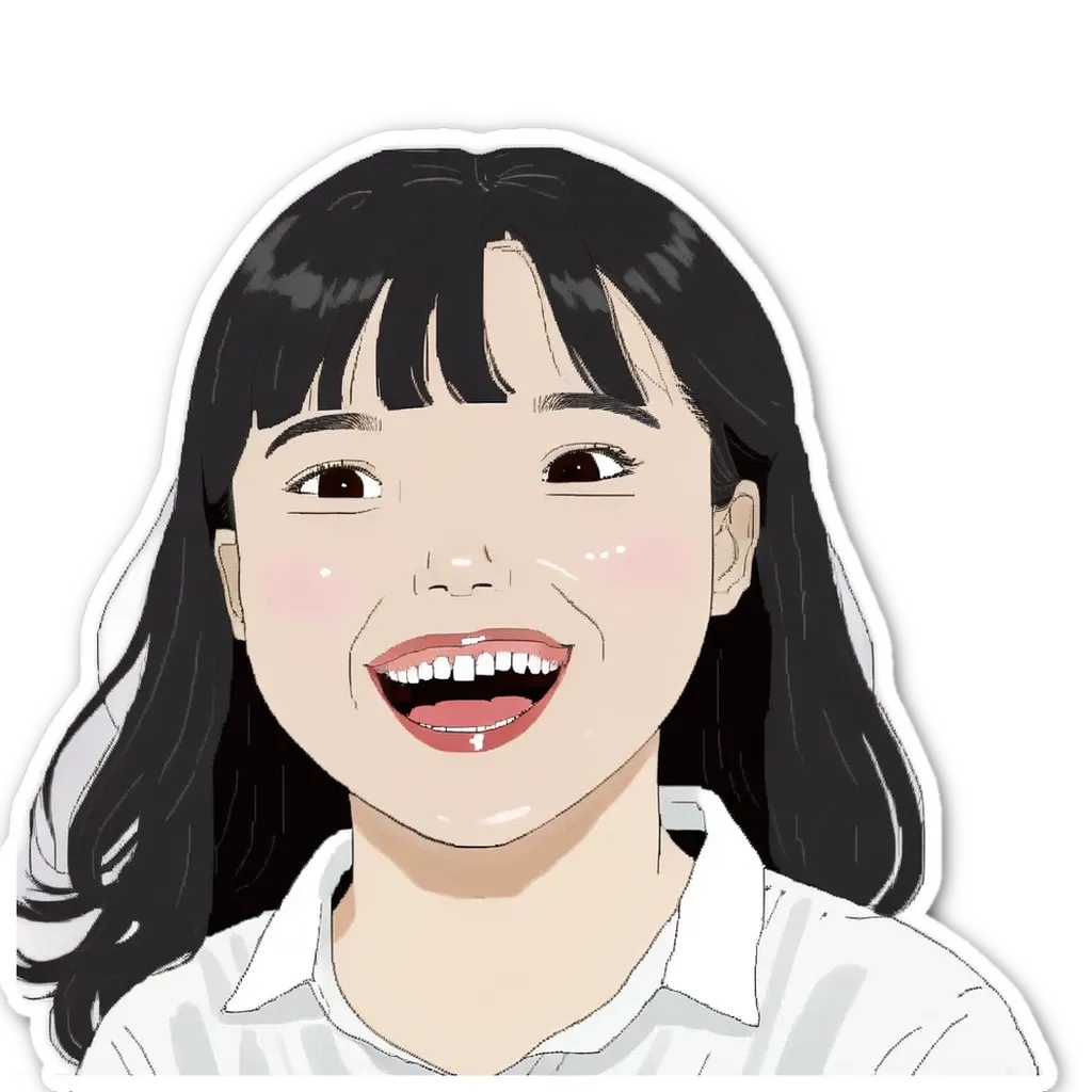 A girl with a white shirt and black hair laughing.