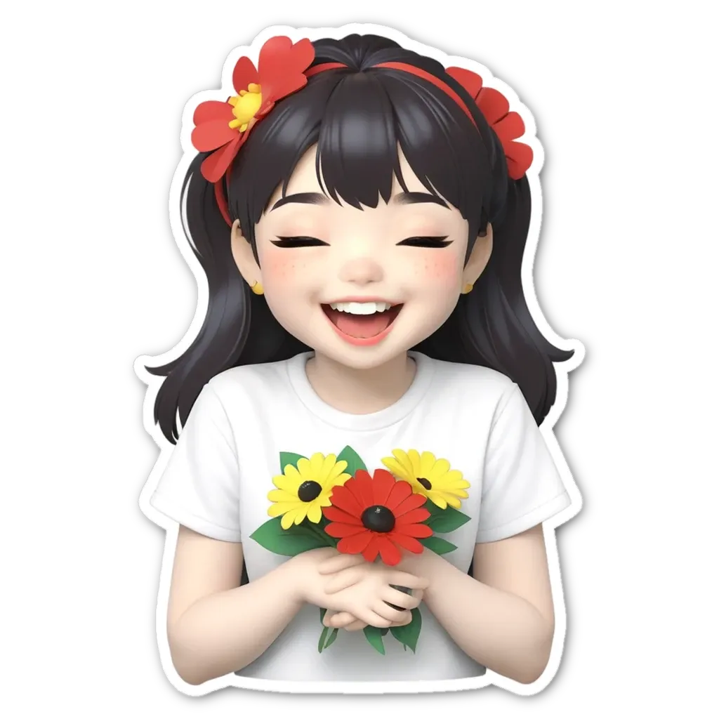 A sticker of a girl holding flowers that is on a black background.