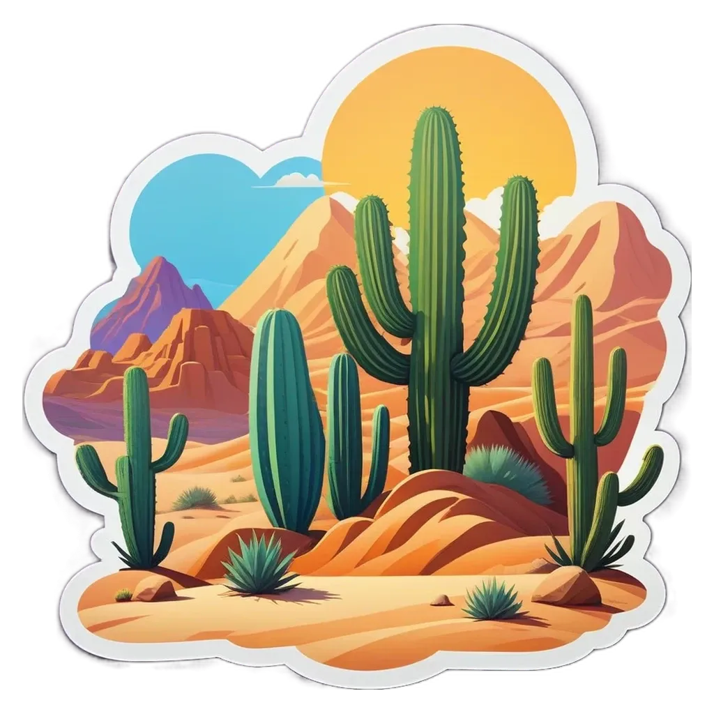 A desert landscape with cacti and mountains in it.
