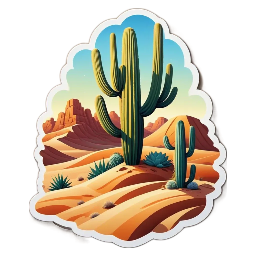 A desert landscape with a cactus and mountains in the background.