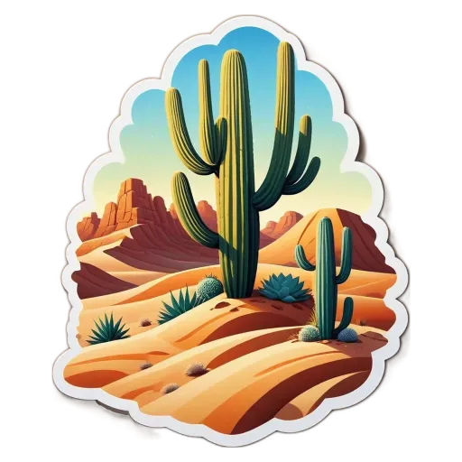 A desert landscape with a cactus and mountains in the background.