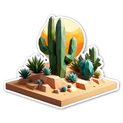 A desert scene with a cactus in the center and other desert plants surrounding it.