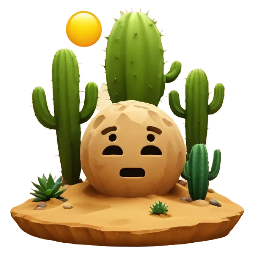 A sad face is on a cactus in a desert.