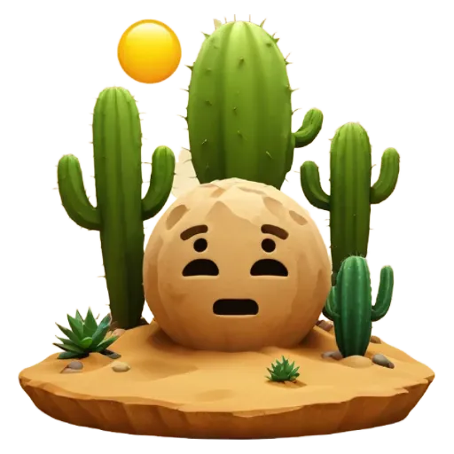 A sad face is on a cactus in a desert.