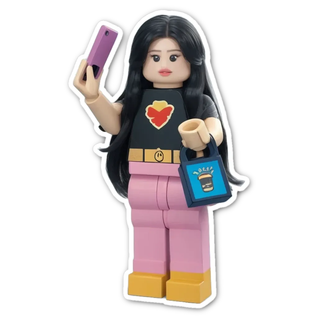 A girl holding a cell phone lego is wearing a black shirt.