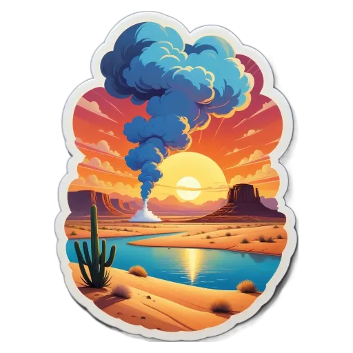 A sunset over a cactus land with a river in the middle.