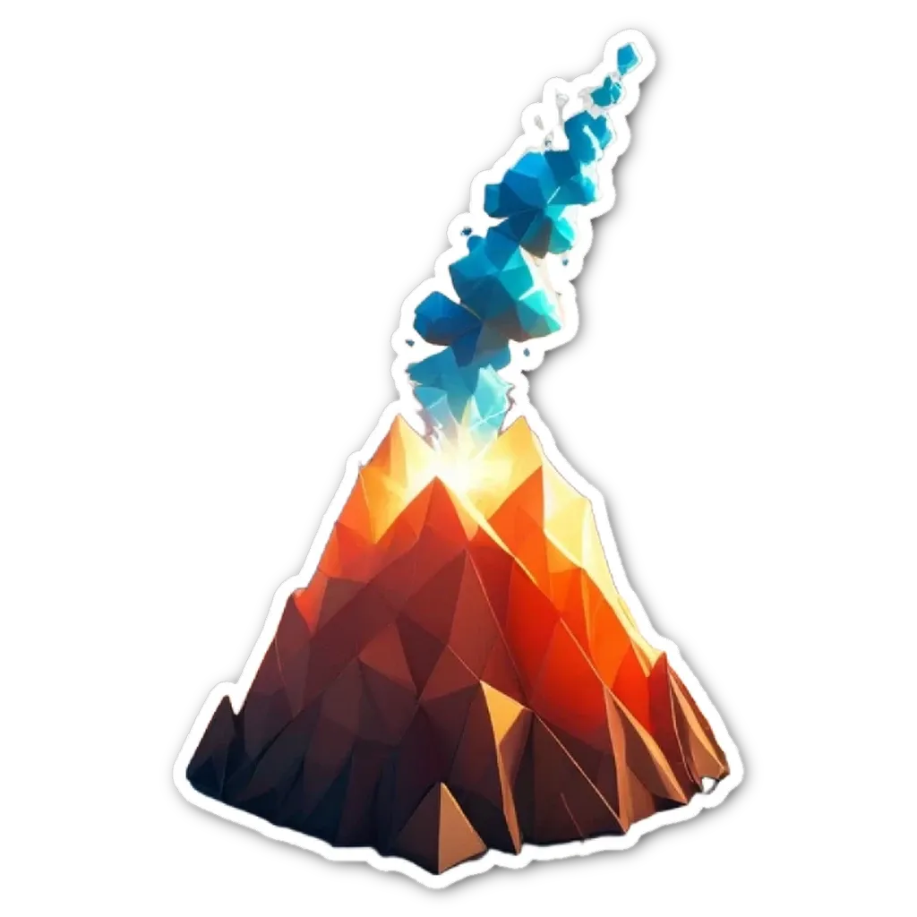 A geometric design of a mountain with a fire coming out of it.