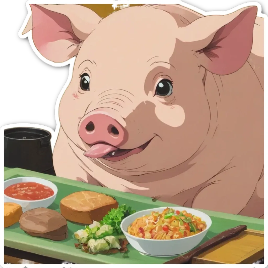 A cartoon drawing of a pig at a table with food.