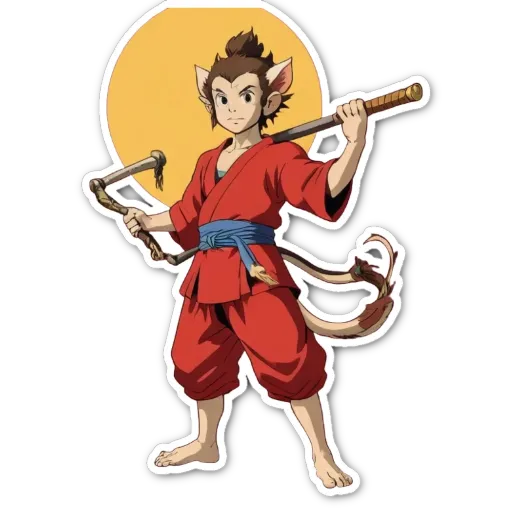 A boy is holding a stick and is a character in a video game.