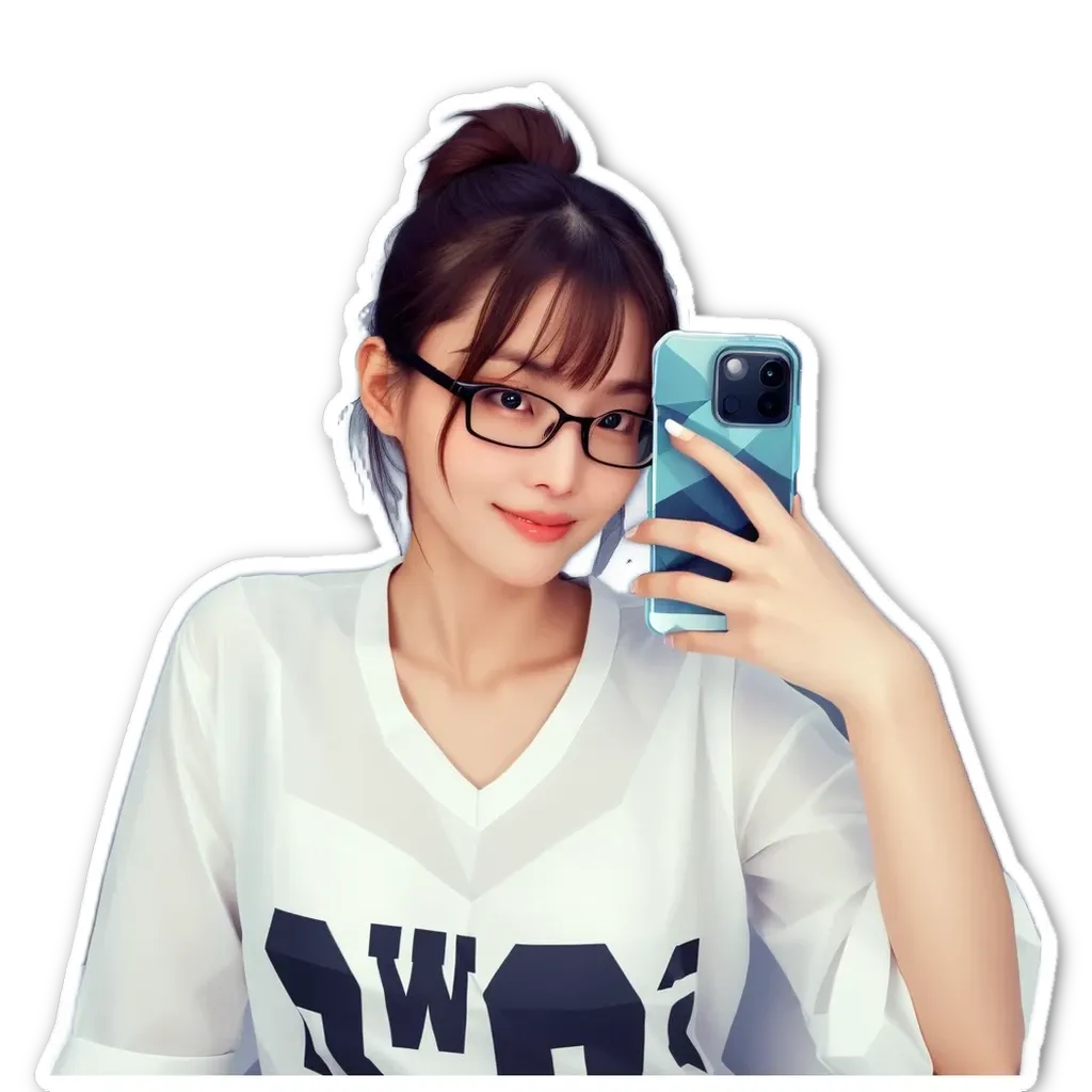 A girl is holding up a selfie in a white t-shirt.