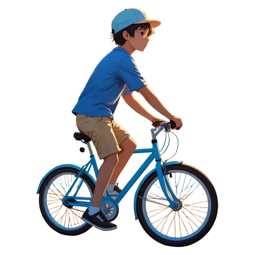 A boy in a blue shirt and shorts riding a bike.