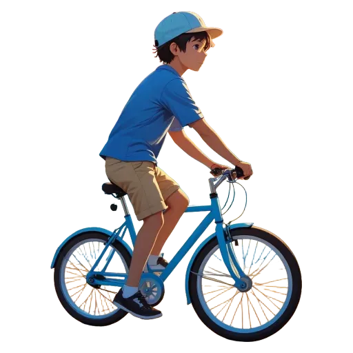 A boy in a blue shirt and shorts riding a bike.