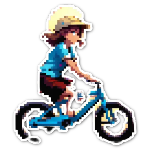 A boy wearing a blue shirt and hat riding a bicycle.