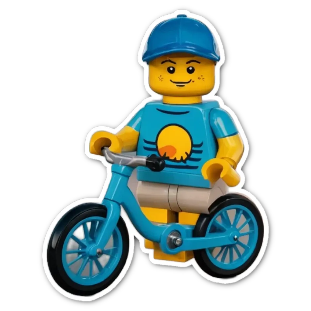 A Lego figure riding a blue bicycle on a black background.