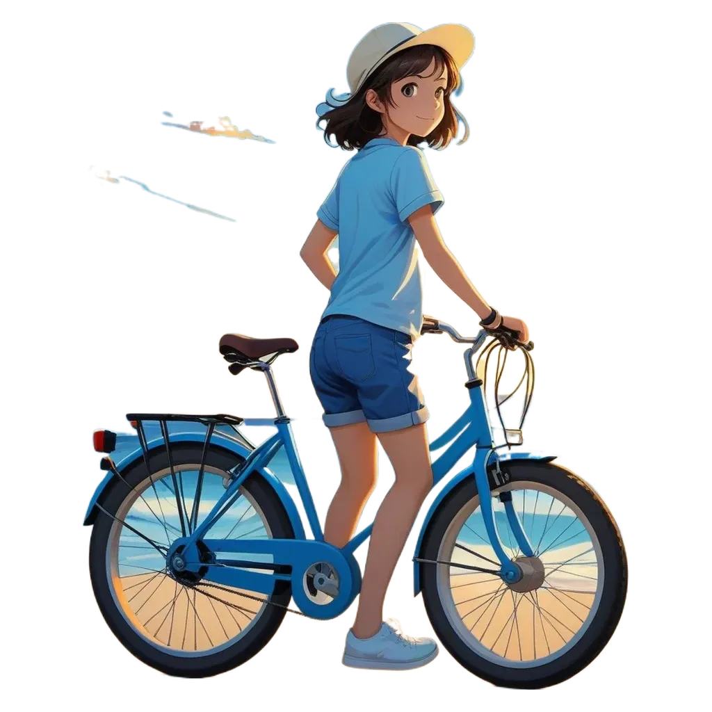 A girl is riding a bike and the bike is blue.