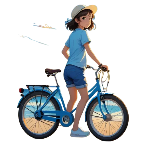 A girl is riding a bike and the bike is blue.