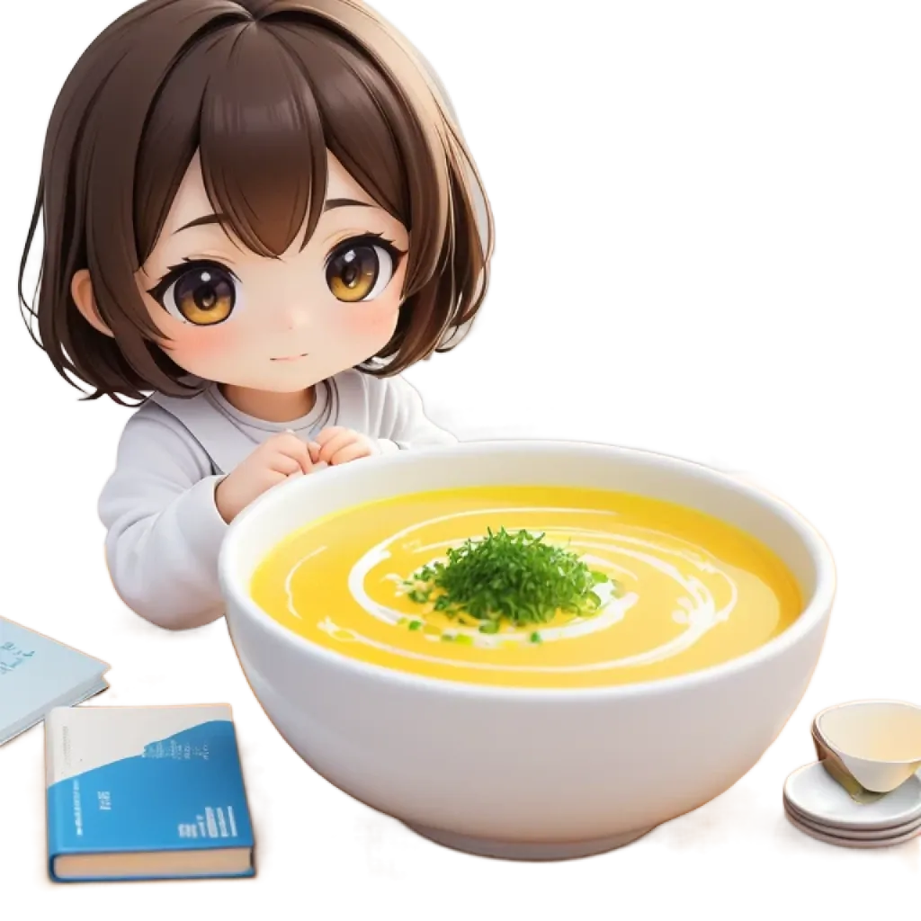 A girl is sitting at a table with a bowl of soup and a book.