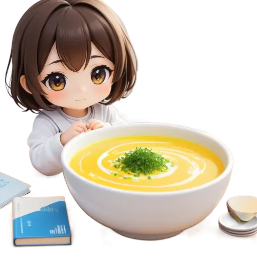 A girl is sitting at a table with a bowl of soup and a book.