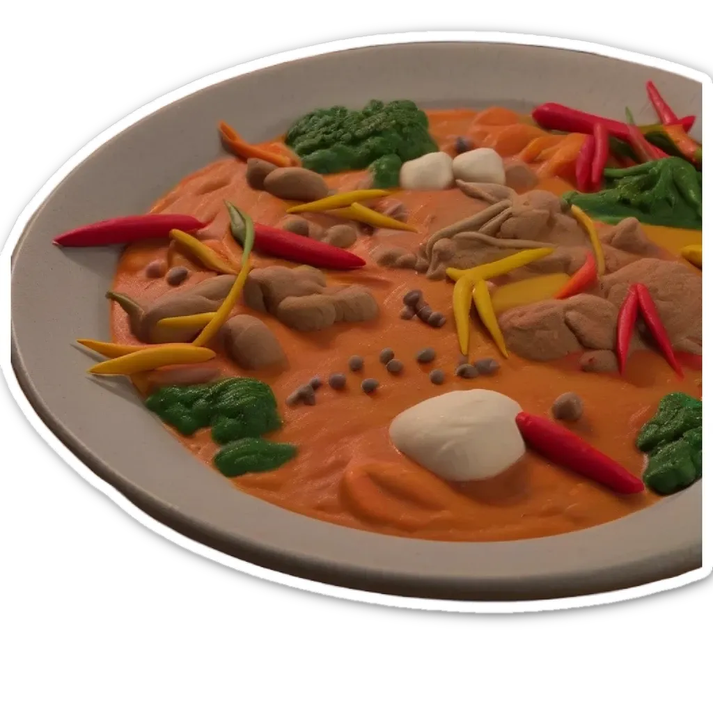 A cartoonish rendering of a plate of food with several different vegetables and a meat dish.