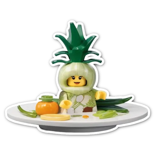 A lego person in a costume that is pretending to eat vegetables.