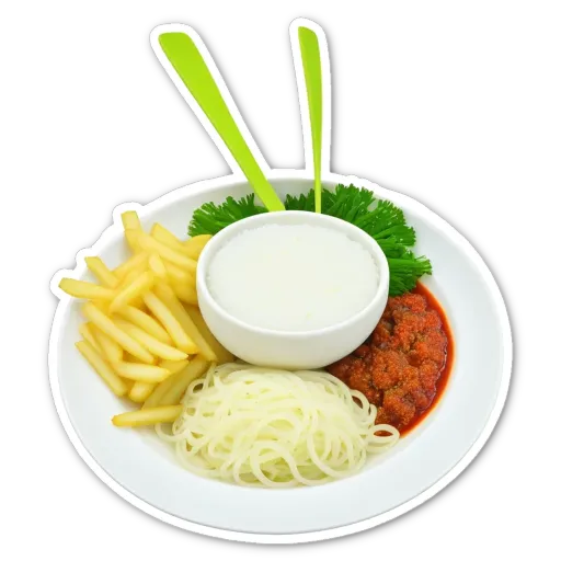 A plate of food with noodles, sauce and a bowl of rice.