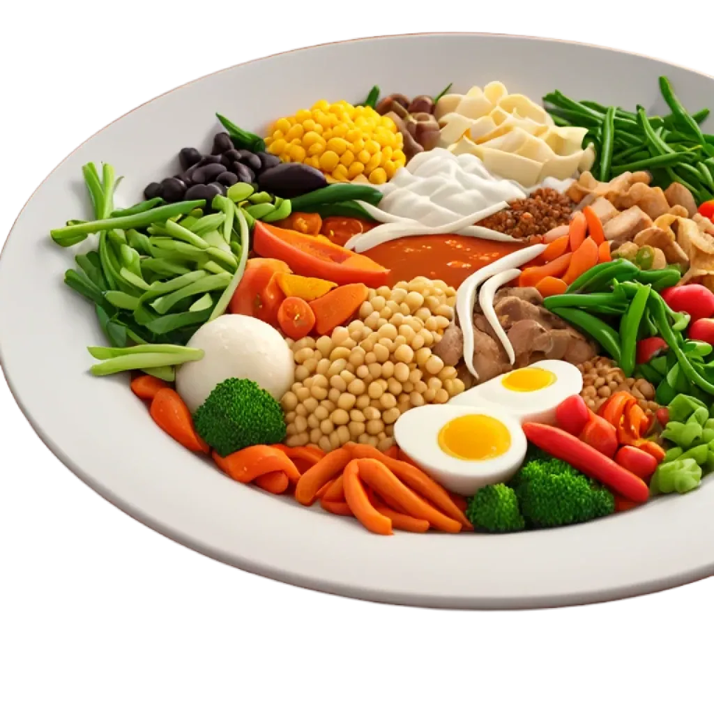 A white plate full of food including broccoli, carrots, and eggs.