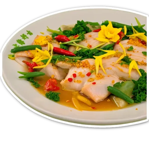 A white plate of food with several vegetables and a yellow flower.