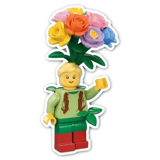 A plastic lego person holding a flower in a vase.