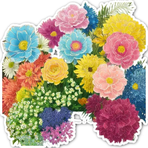 A bouquet of flowers in different colors including blue, pink, yellow and white.