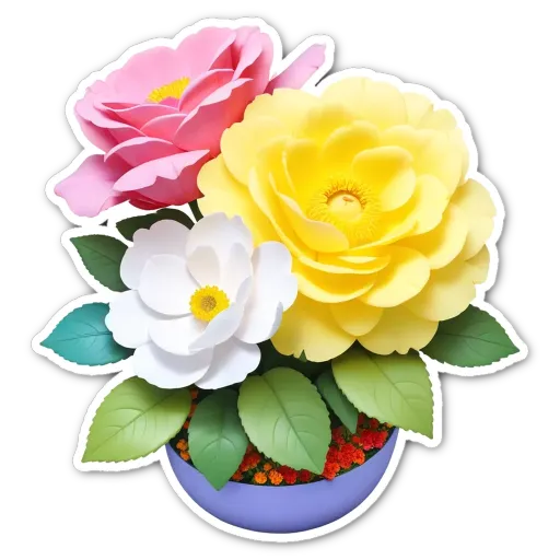 A colorful paper flower bouquet in a blue vase.