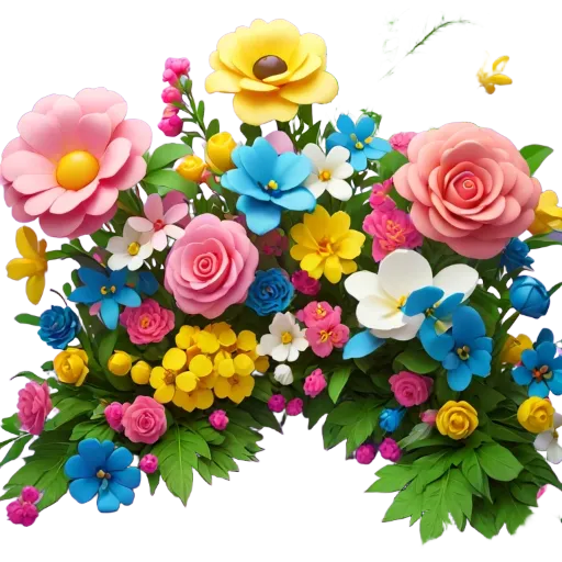 A bunch of flowers in different colors including pink, yellow and blue.