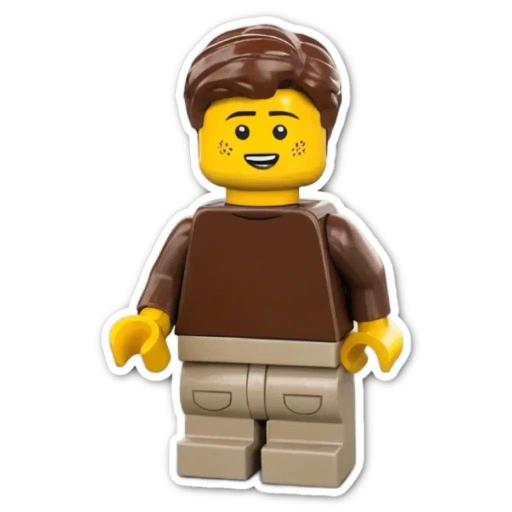 A sticker of a lego boy that is brown.