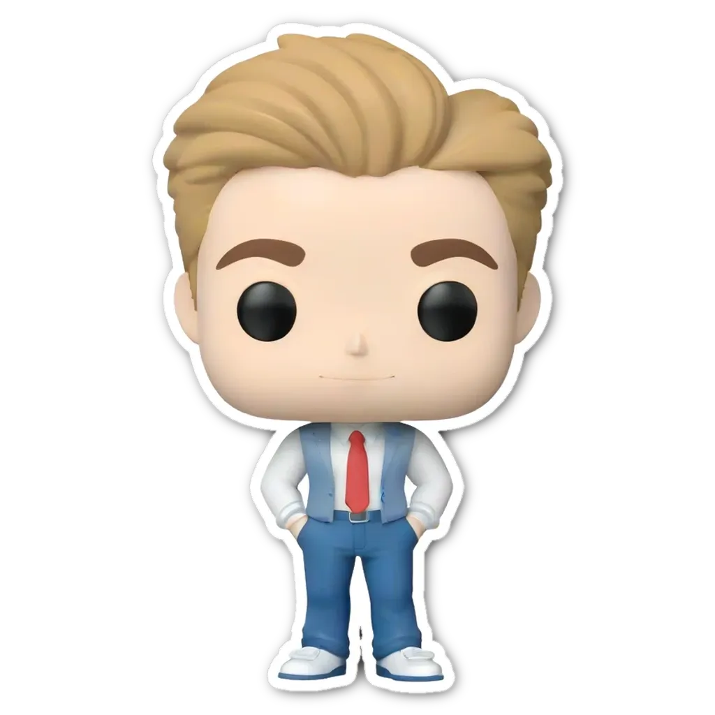 A pop up figure of a man in a blue suit and red tie.