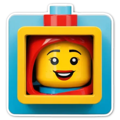 A yellow and blue lego face with a red scarf on.