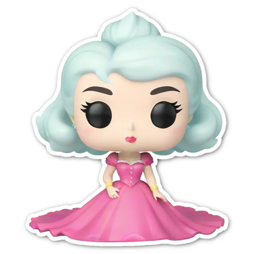 A princess pop figure with pink clothing and a blue hair style sits on a table.