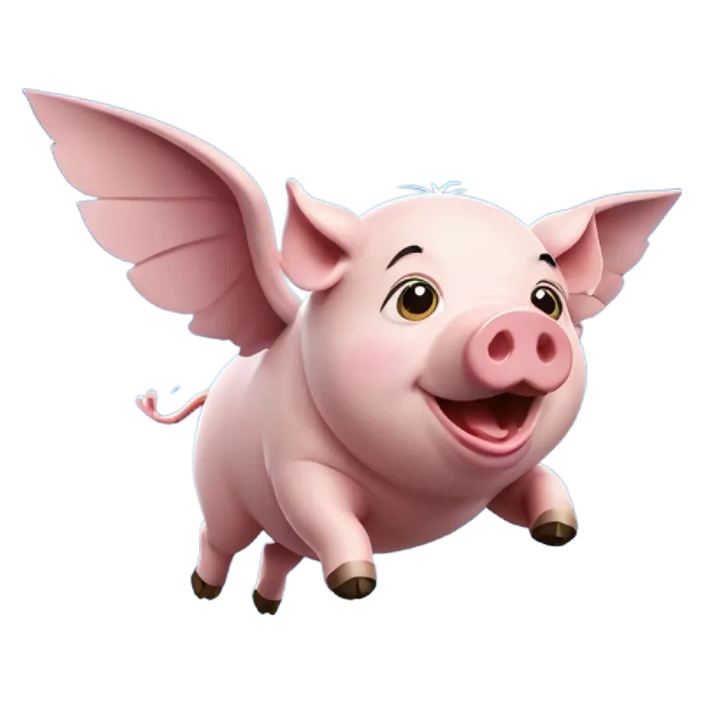 A cartoon image of a pig with wings.