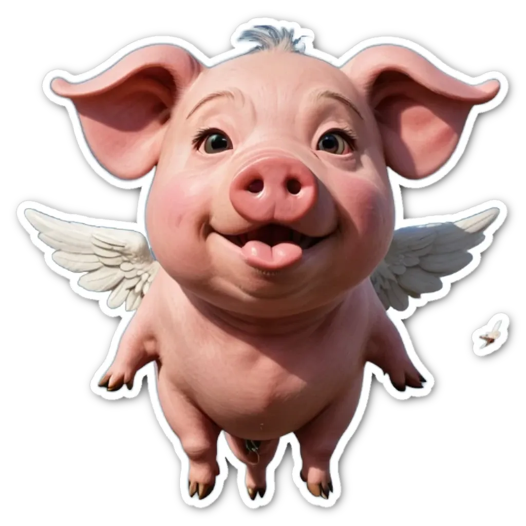 A cartoon picture of a pig with wings and a smile.