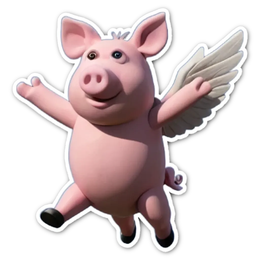 A cartoon image of a pig with wings.