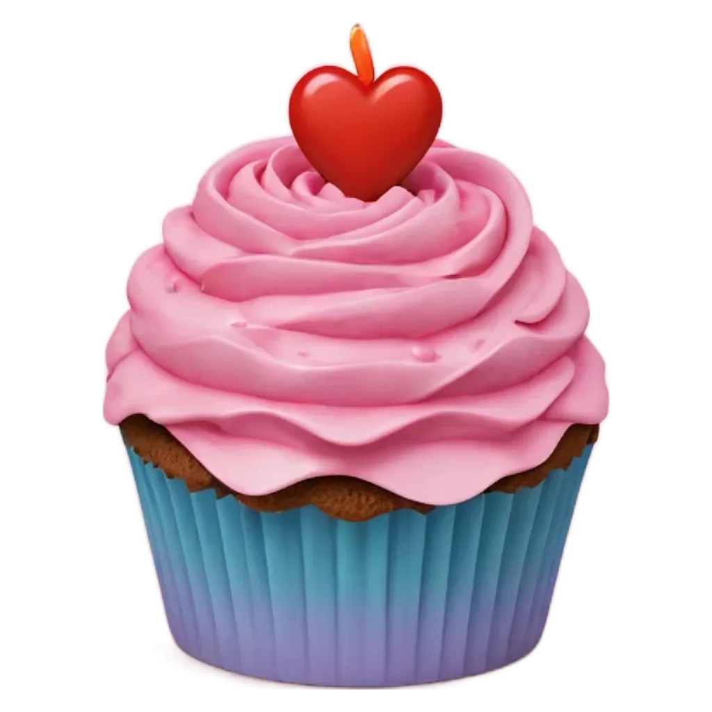 A pink cupcake with a heart on top is displayed.