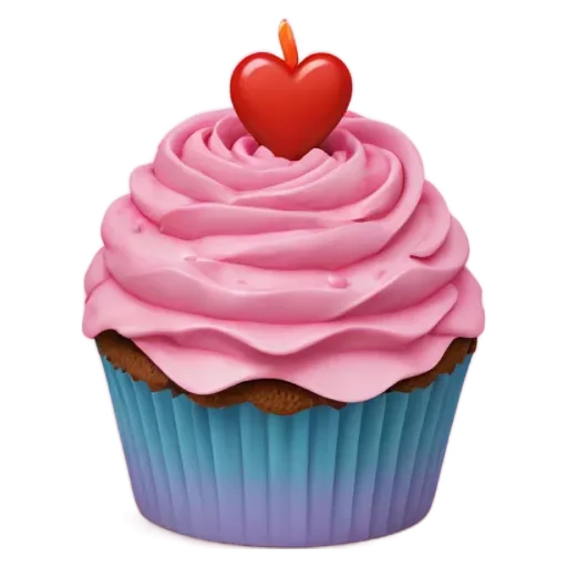 A pink cupcake with a heart on top is displayed.