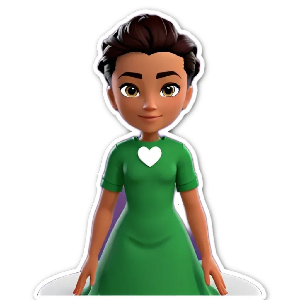 A green dress with a white heart in the center of the front of the girl.