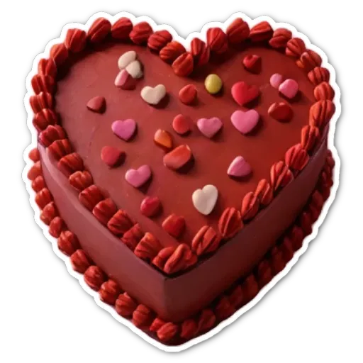 A red heart shaped cake covered in pink and red icing.