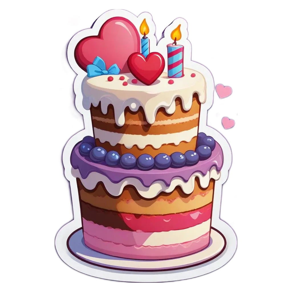 A birthday cake with two candles on it and hearts on the top.