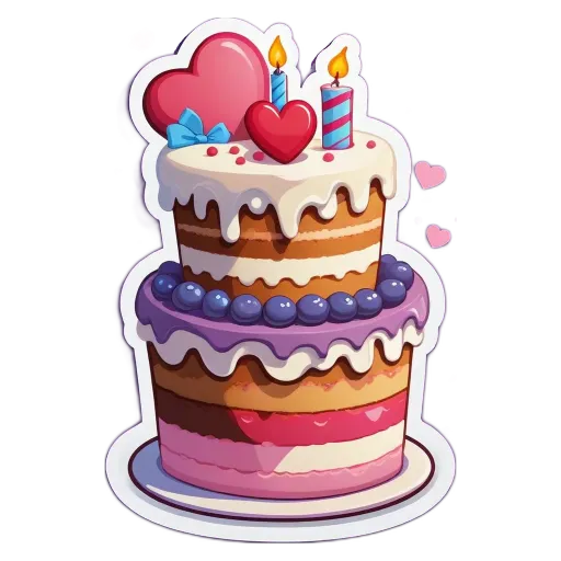 A birthday cake with two candles on it and hearts on the top.